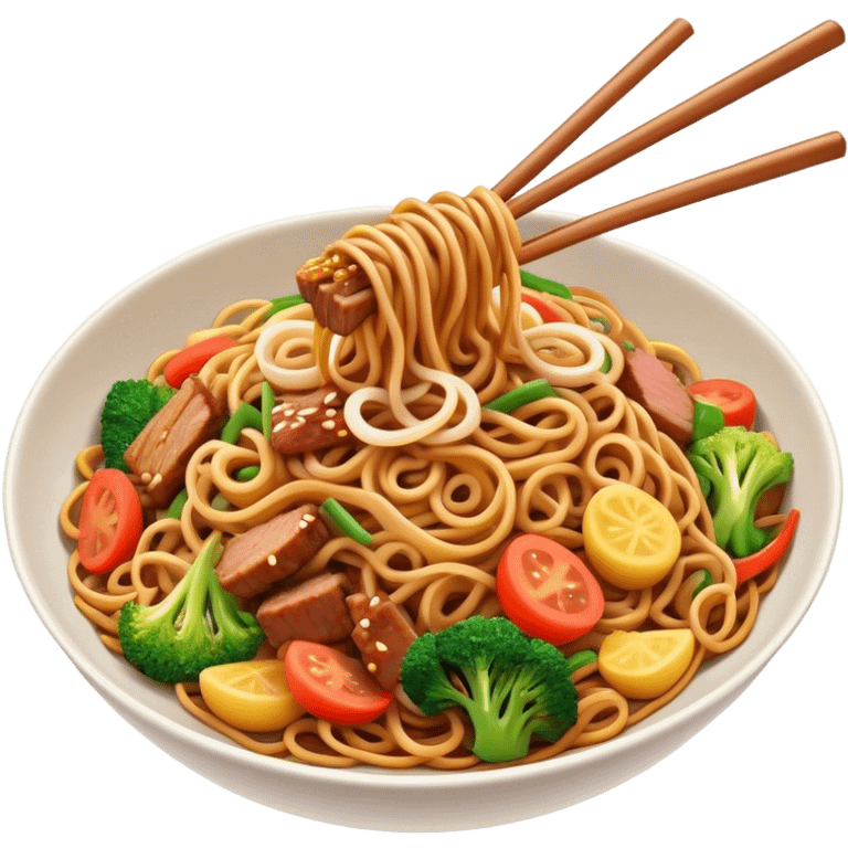 Cinematic Realistic Mie Goreng Dish Emoji, featuring stir‚Äêfried noodles with vegetables and meat rendered with dynamic textures and warm, appetizing lighting. emoji