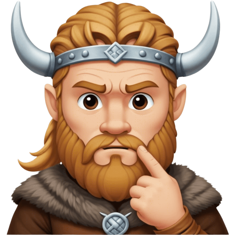  viking face with furrowed eyebrows looking upwards with thumb and index finger resting on its chin. emoji