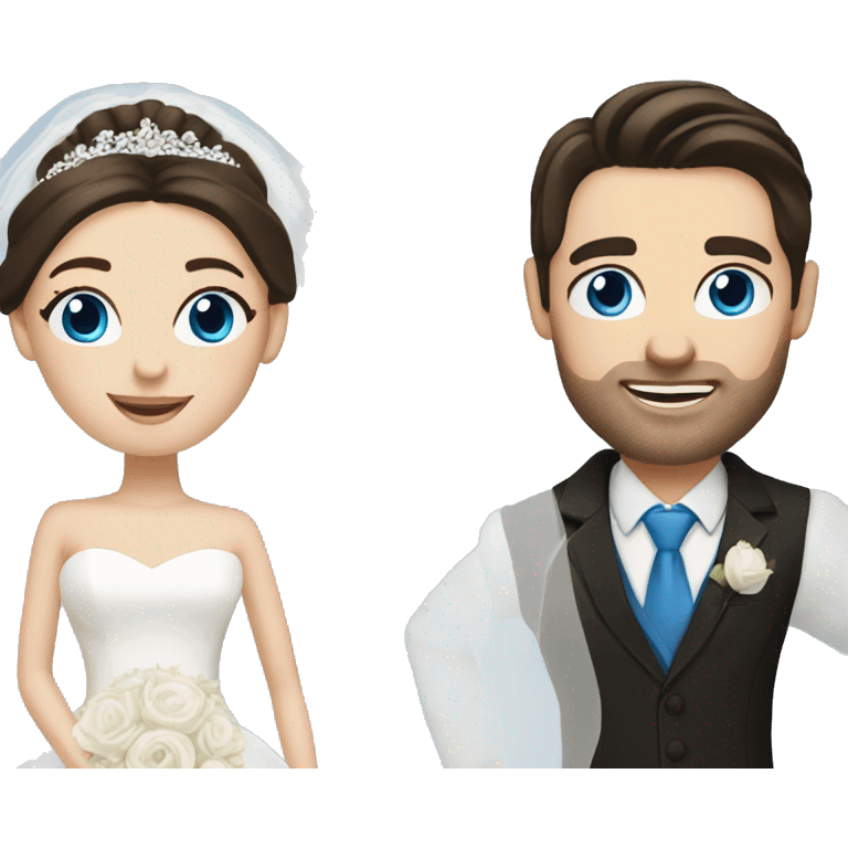 Bride with pale skin, dark brown hair & blue eyes standing with Groom with dark brown hair emoji