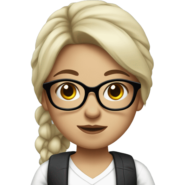 Girl with black hair and white shirt with black pants, wearing glasses with birth mark emoji