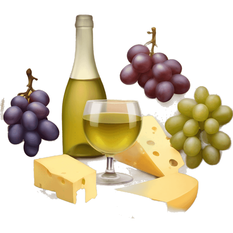 Circle wooden board with different kind of cheese, grapes and a glass of white wine emoji