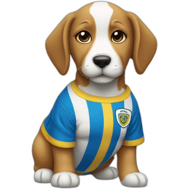 Puppy with a soccer shirt blue with a yellow stripe horizontal in the middle emoji