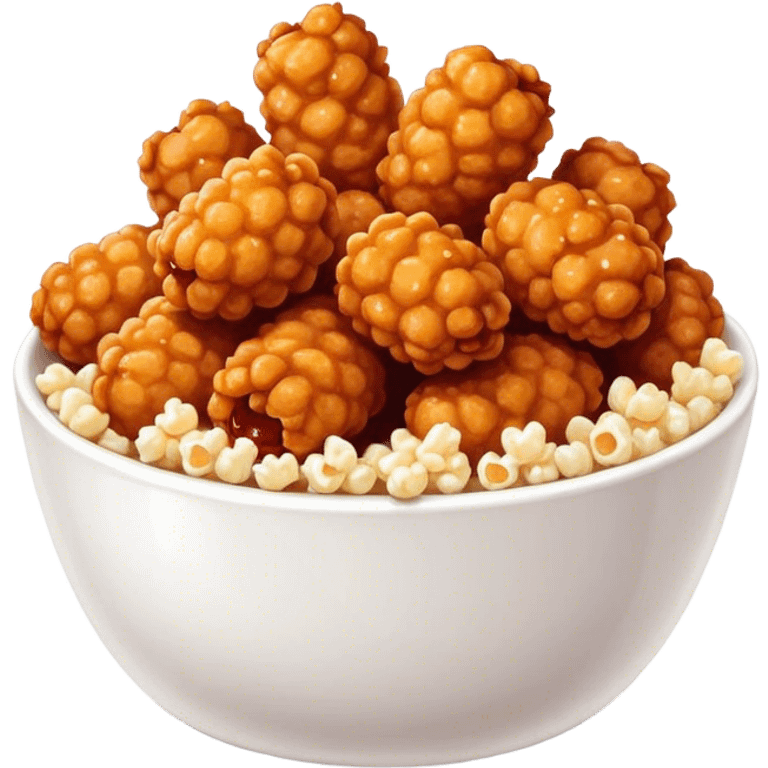 Korean Fried Chicken Cinematic Realistic Korean Fried Chicken Dish Emoji, depicted as bite-sized popcorn chicken pieces generously coated in a glossy, spicy sauce, rendered with crisp textures and dynamic, appetizing lighting. emoji