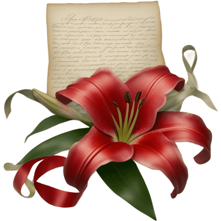 A soft-focus still life with red lilies, a string of pearls, and an old love letter tied with a satin ribbon emoji