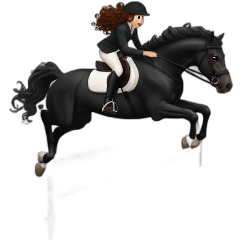 a  JET BLACK HORSE JUMPING AN OBTACLE, tHE HORSES RIDER IS A YOUNG FEMALE WITH LONG CURLY BRUNNET HAIR OF A REDDISH HUE emoji