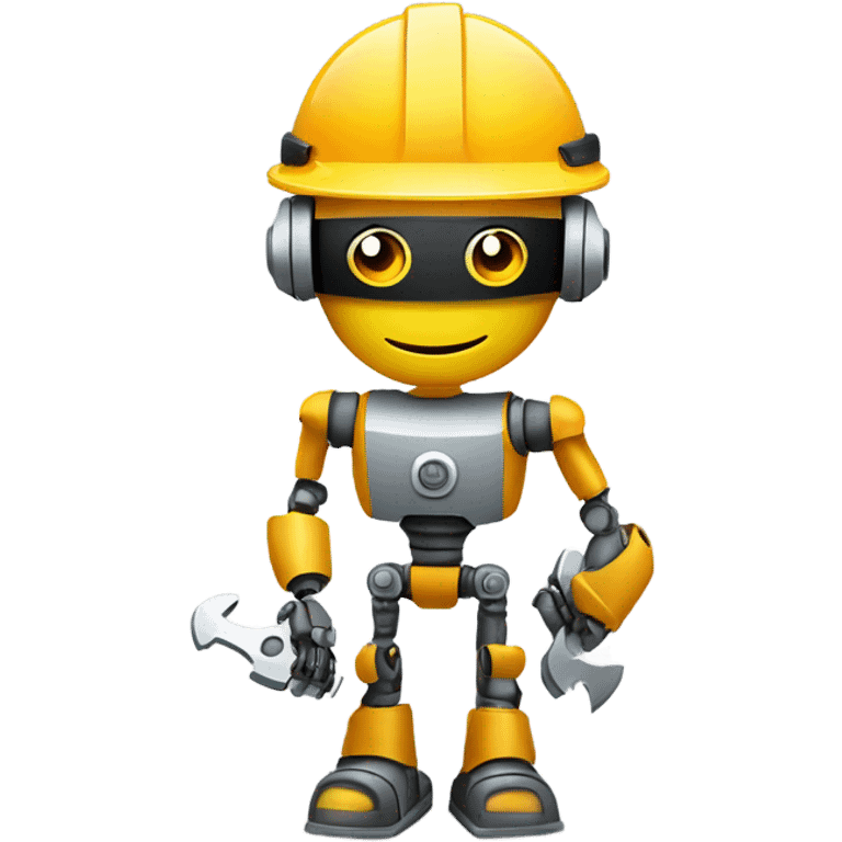 A friendly robot wearing a construction helmet and holding a wrench. Geometric design with rounded edges and a pleasant expression, shown from 3/4 angle in motion. emoji