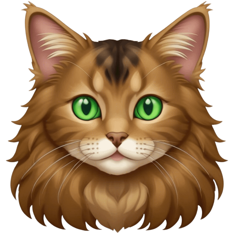 A light brown and black long haired Maine coon kitty with green eyes and a cute little body emoji