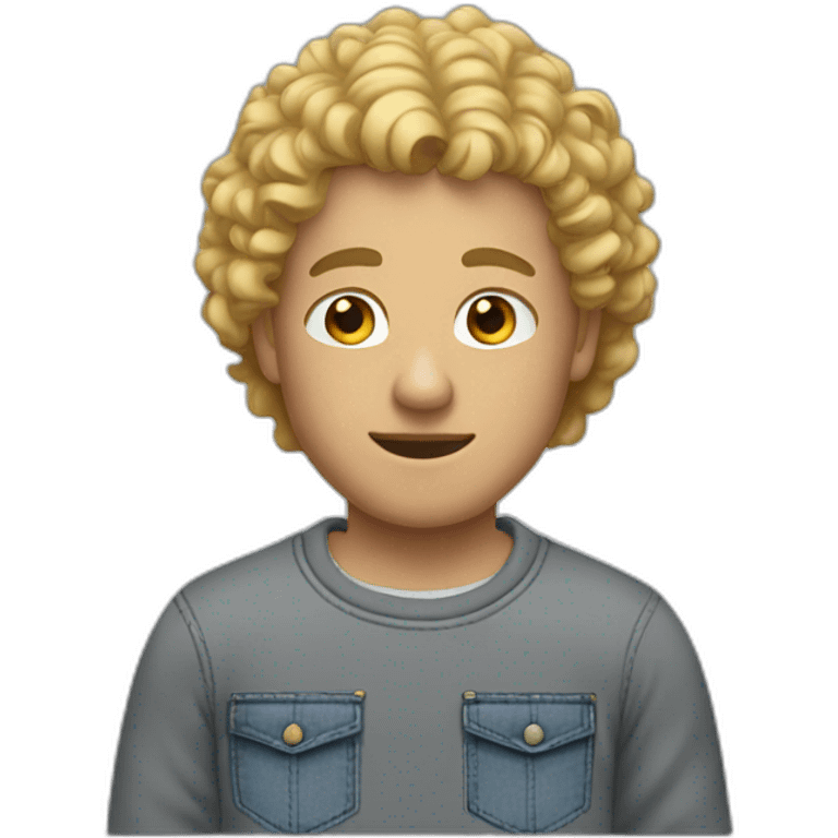 a man with blond curly hair and he wear a jean and a grey sweatshirt  emoji