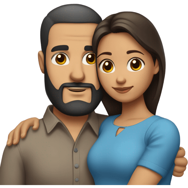 Comforting hug from brunette Puerto Rican with dark brown eyes wearing a cute blue blouse to short, bald man with brown eyes and a beard emoji