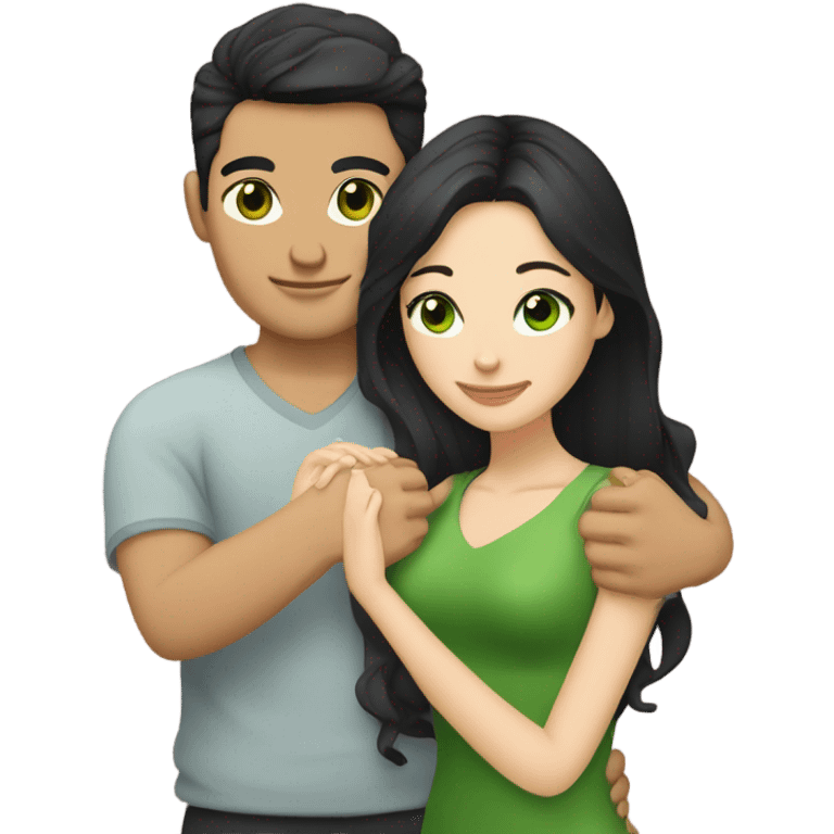 White Vietnamese man with straight black undercut hair and a white brunette woman with green eyes and long wavy hair tightly hugging each other  emoji