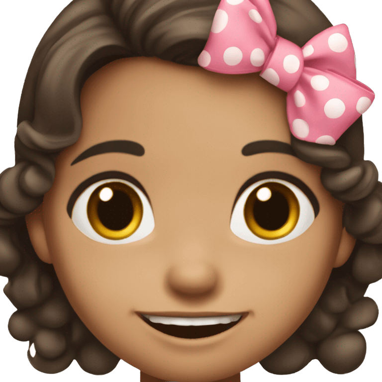 girl with medium dark brown hair and a stupid smile on her face. Wearing a polkadot pink dress and bow, dresses like a two year old. emoji