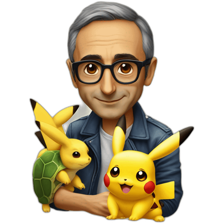 Eric Zemmour avec des lunettes de soleil sur une tortue géante et un Pikachu emoji