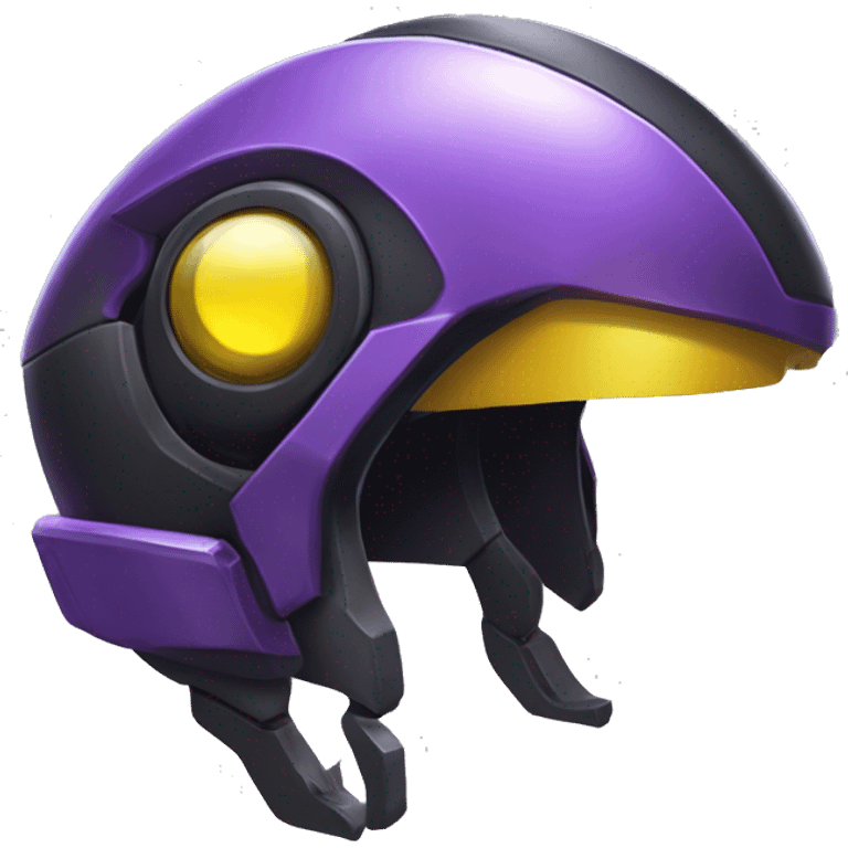 a shiny black-purple-yellow Genesect-Raptor-Fakémon—hybrid with a futuristic visor-helmet full bod emoji