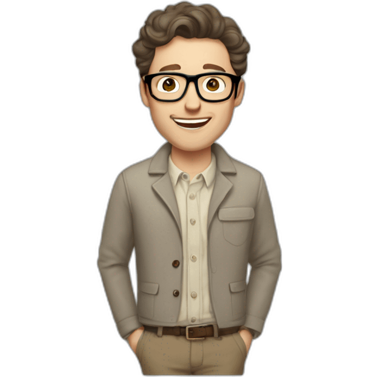 Joyful Pale skinned Fit Man With dark brown hair in gray jacket, beige office shirt, Brown pants and vintage glasses. His thrumbs up emoji