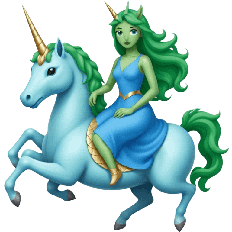 alien reptilian green woman in blue dress, rides white unicorn
 emoji