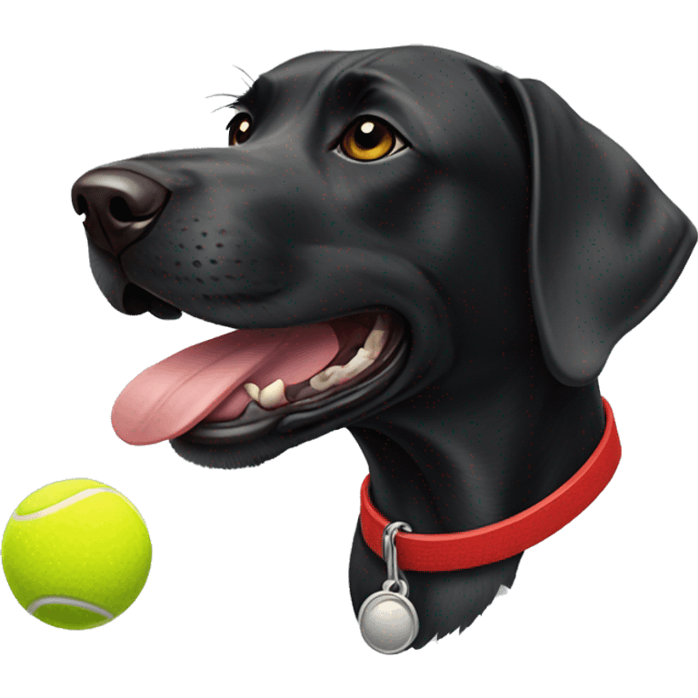 A black Labrador x pointer dog with a red collar on, and a tennis ball in its mouth emoji