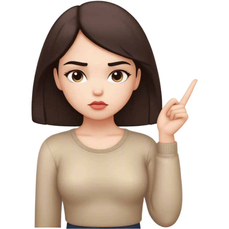 A cute girl with a pouty expression, eyebrows slightly furrowed, lips pushed out, and one hand on her hip while the other points confidently toward the sky. The background is minimal, with a soft glow highlighting her gesture. emoji