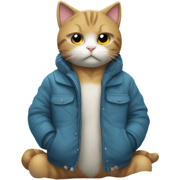 Sad cat in snow wearing a jacket emoji