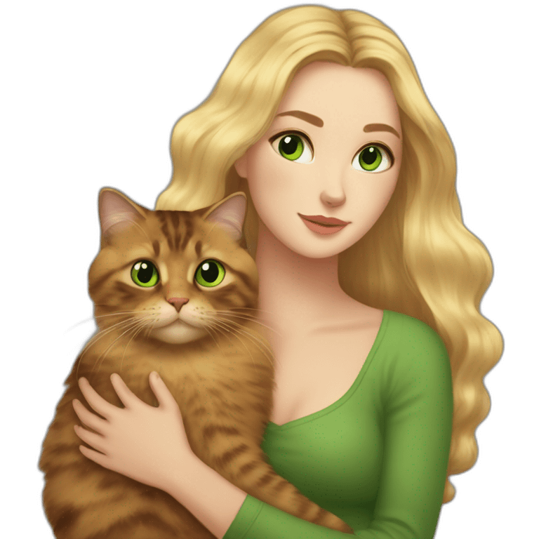 woman with green eyes and long blonde hair is holding a very fluffy and fat tortoiseshell cat emoji