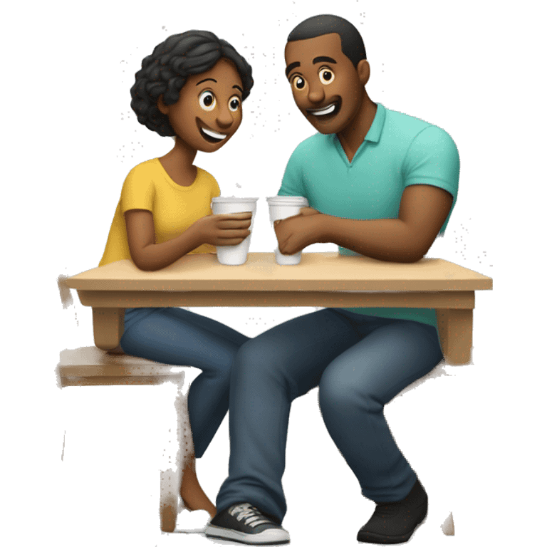 An emoji of a family—mother, father, and child—sitting at a table, playing a cup game with paper cups arranged on the table as they have fun together emoji