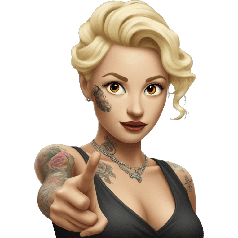 Blonde elegant women, her Body Covered with Tattoos, POINTING to YOU FORWARD with her ONE HAND , Hyper realistic emoji