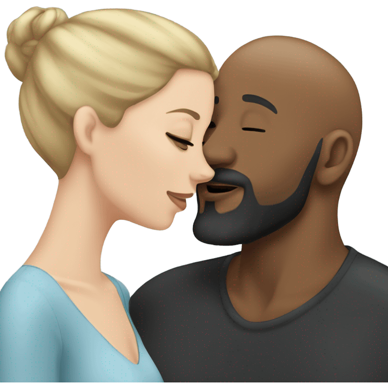 White girl brunette kissing black bald man with beard emoji