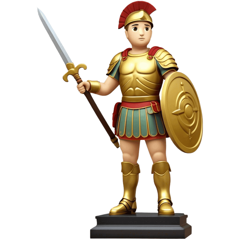 Cinematic Realistic Roman Soldier Statue at Botero Square Landmark Emoji, depicted as a striking, larger-than-life sculpture rendered with rich detail and dynamic, urban lighting. emoji