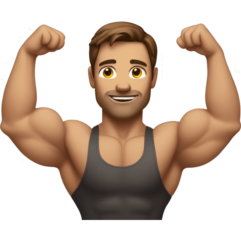 Man with brown hair holding up both arms in a body builder pose emoji