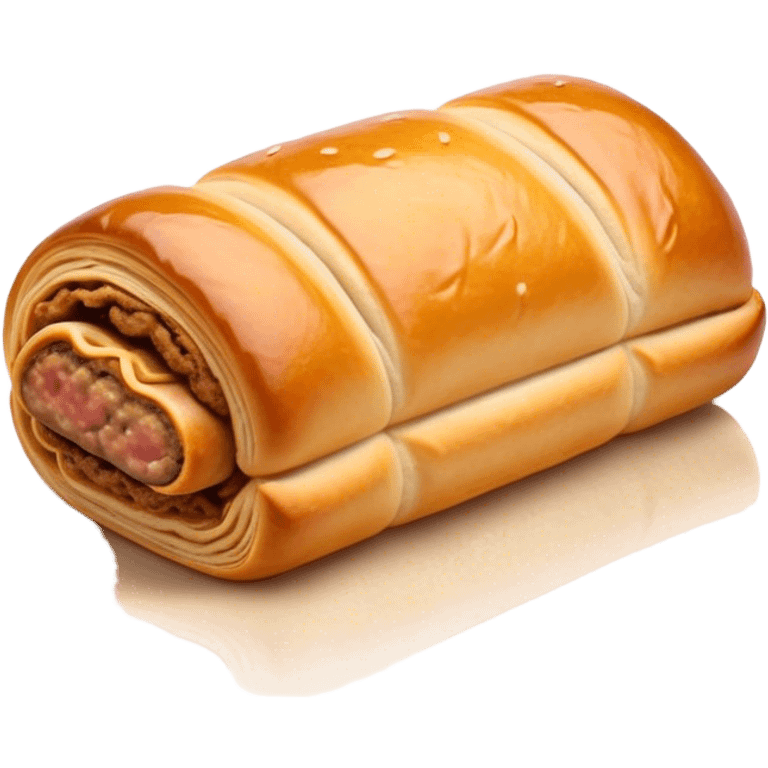 Cinematic Realistic Sausage Roll Dish Emoji, depicted with a crisp, golden pastry wrapped around flavorful sausage, rendered with detailed textures and appetizing lighting. emoji