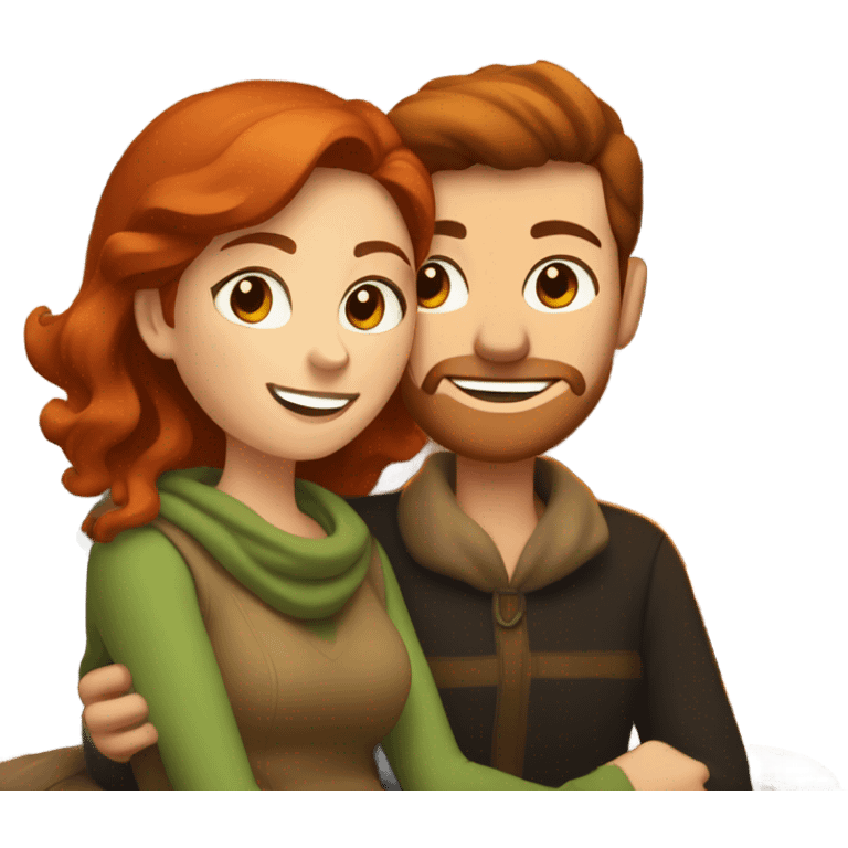 Redheaded woman and brown haired man cuddling by the fireplace emoji