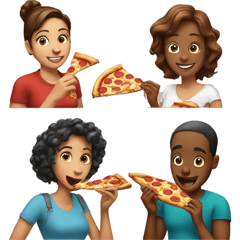 Four women eating pizza, one man and one man eating chicken breast emoji