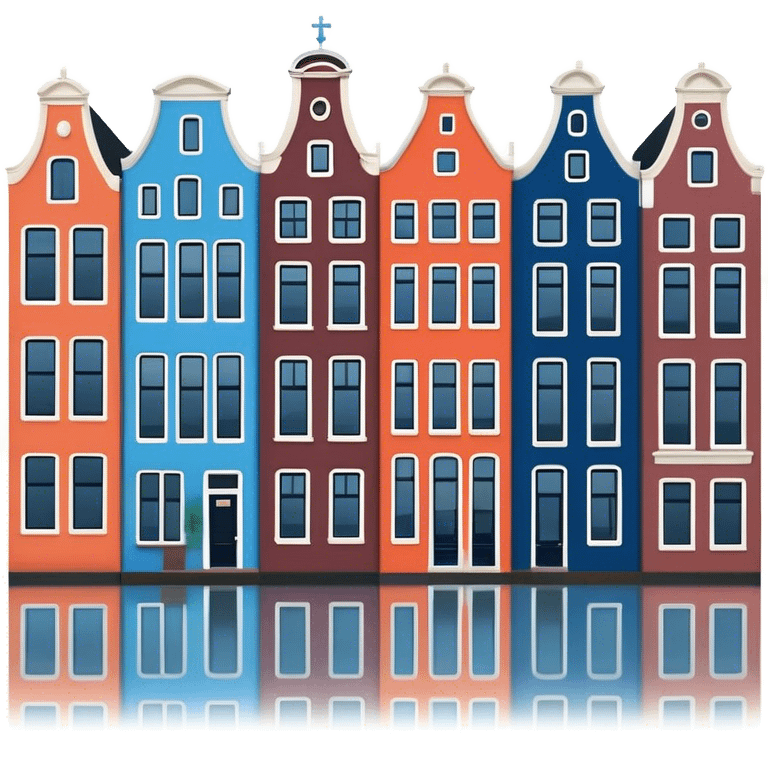 Cinematic Realistic Amsterdam Canal Houses Landmark Emoji, featuring narrow, gabled facades in vibrant colors reflecting on the calm canal waters. emoji