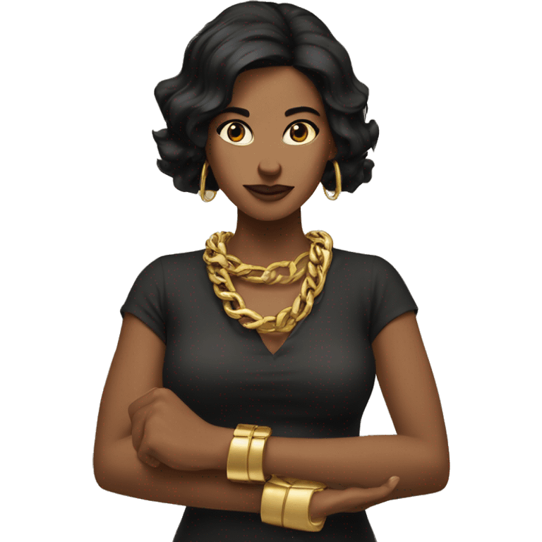 Woman with black hair, arms forming an X. big golden bracelets. emoji