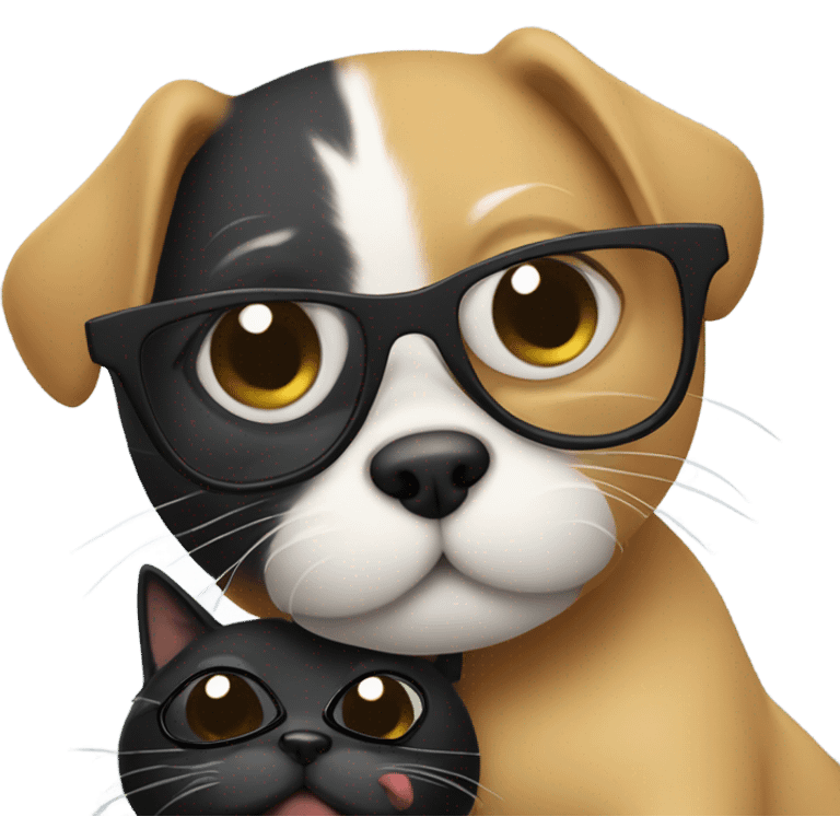 a cat in black glasses hugs a dog in black glasses emoji