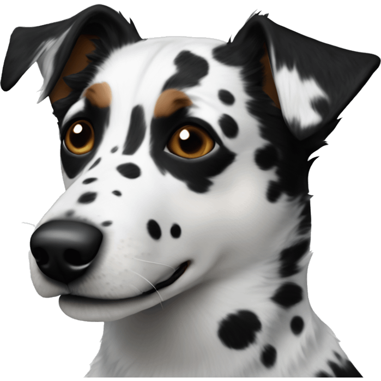 White and black blue heeler mix with black spots on nose, wavy fur emoji