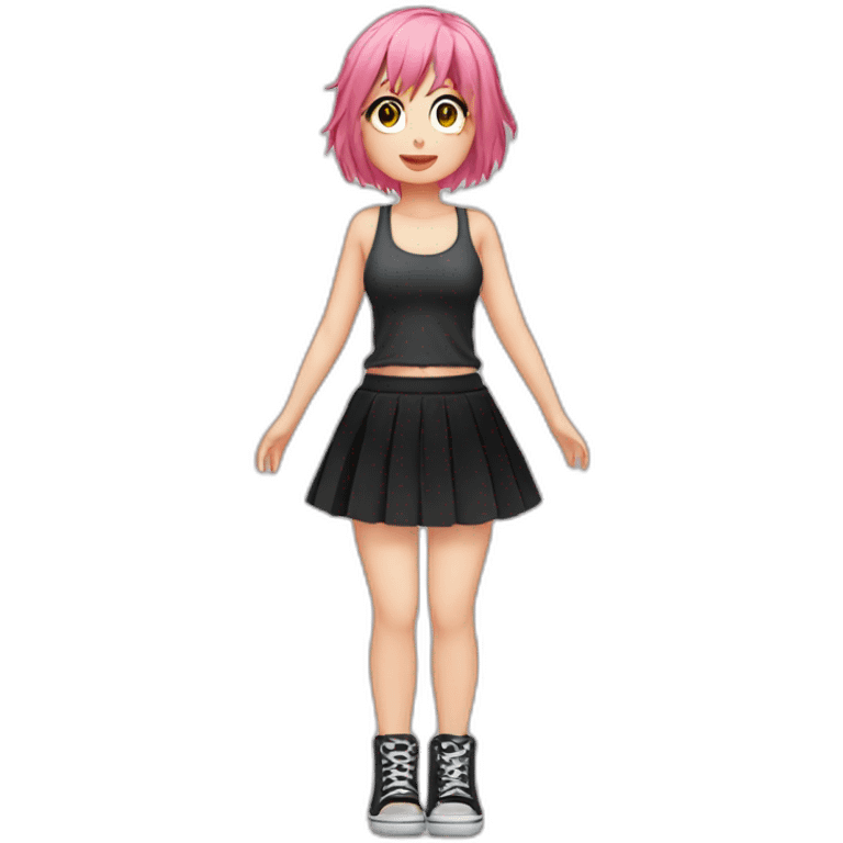 Full body Front view curvy emo girl pink hair sits on the floor straight view hands up black skirt полосатые рваные чулки emoji