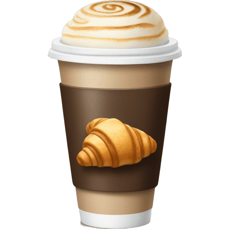 Disposable cup with cappuccino and croissant emoji