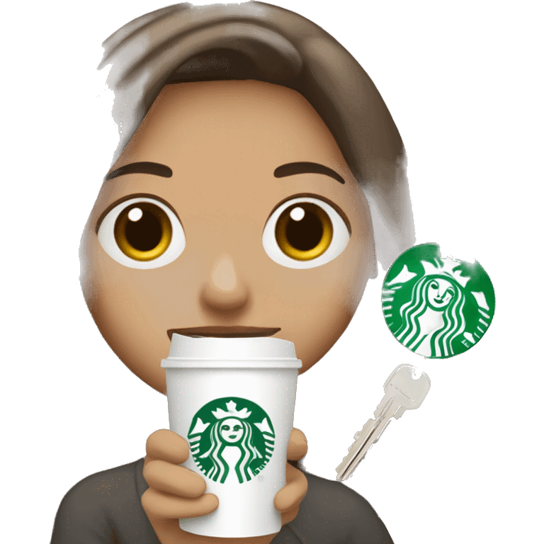 girl with brown hair and white hair holding a starbucks coffee and car keys emoji