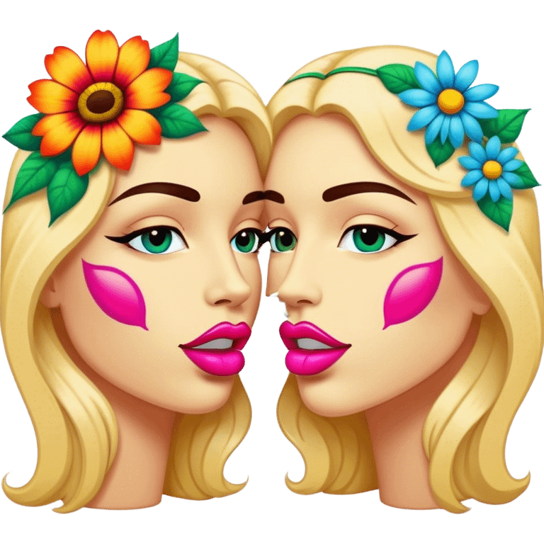 psychedelic colored pair of lips surrounded by hippie style flowers emoji