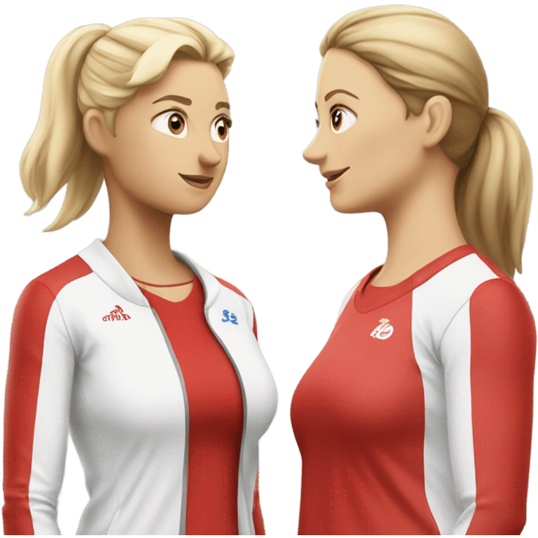 2 white woman in sportswear talking, one is red color emoji