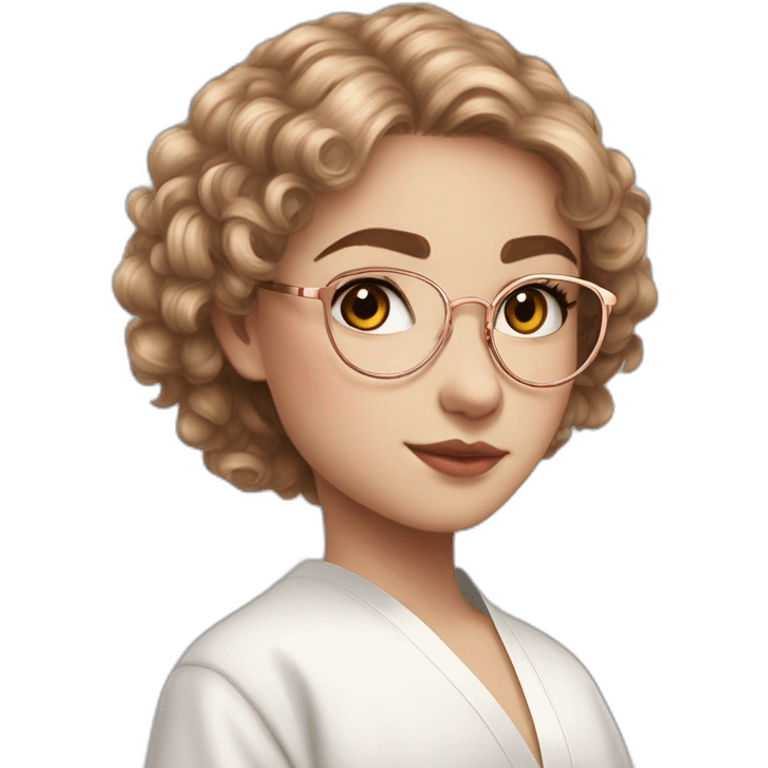 British teenage girl flax hair amber eyes rose gold round glasses white shirt black robe emoji