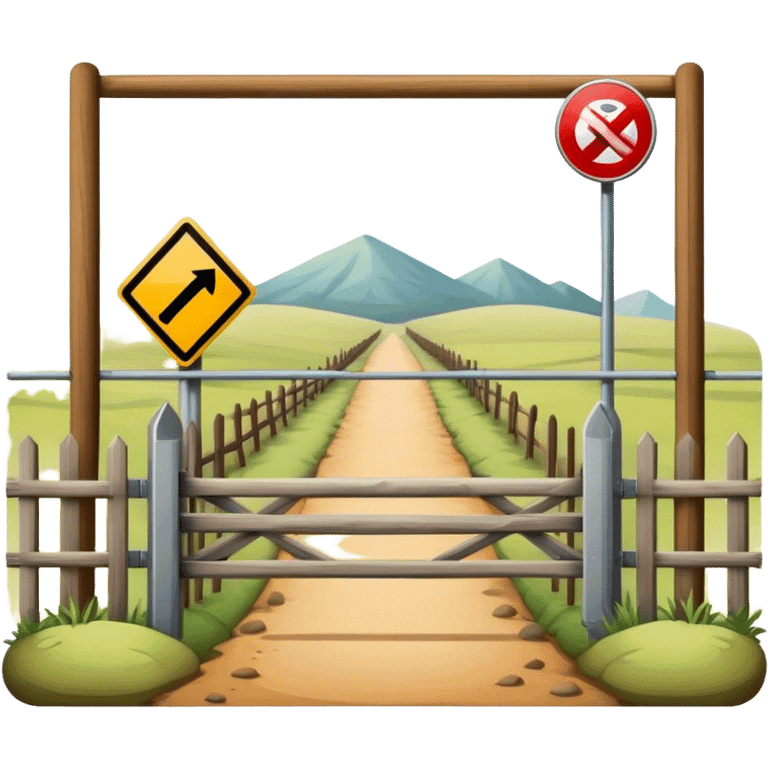 A marked border separating two lands, with a fence, checkpoint, or warning signs indicating the boundary between territories emoji