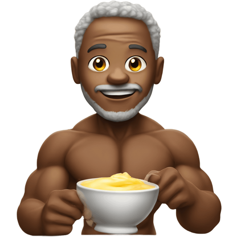 Jamal as a world champion body builder eating custard with is grandpa  emoji