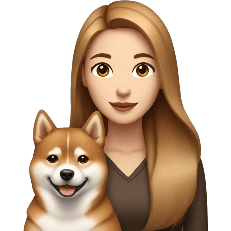 beautiful woman, straight long light brown hair, brown eyes smiling with dog Shiba Inu emoji