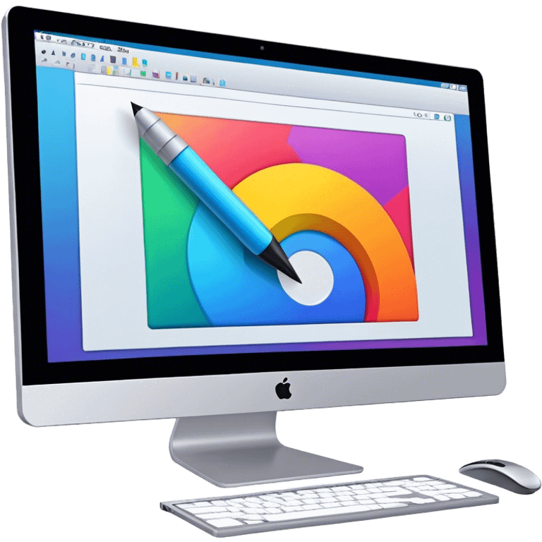 Computer graphics icon, large monitor with graphic design software open, graphic tablet, stylus, vibrant colors, minimalistic style, clean lines, transparent background. emoji