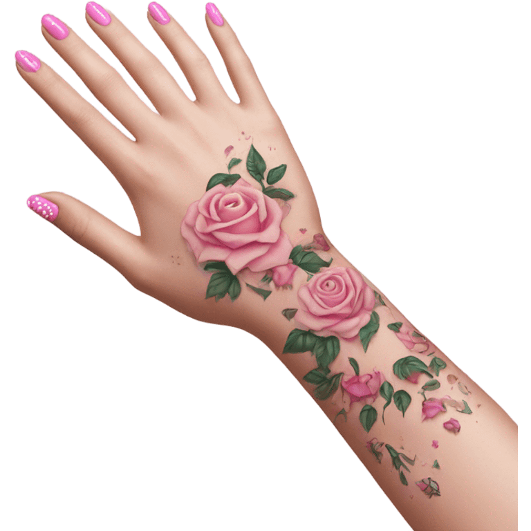 White girl arm with pink nails and tattoos emoji