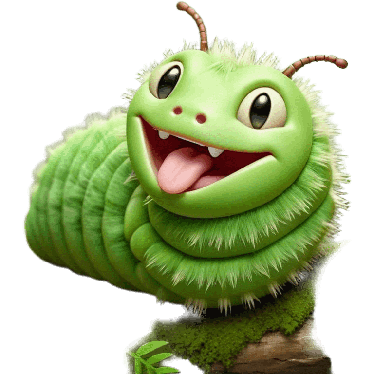 Cinematic Realistic Cute Yawning Caterpillar Portrait Emoji, Head tilted slightly with a dramatic, wide-open yawn, showcasing a soft, downy segmented body in vivid green with subtle drooping and half-closed, drowsy eyes, rendered with intricate natural texture and gentle shadows, high shine, relaxed yet expressive, styled with a dash of woodland charm, soft glowing outline, capturing the essence of a sleepy yet affectionate caterpillar that appears ready to stretch out and rest among the leaves! emoji