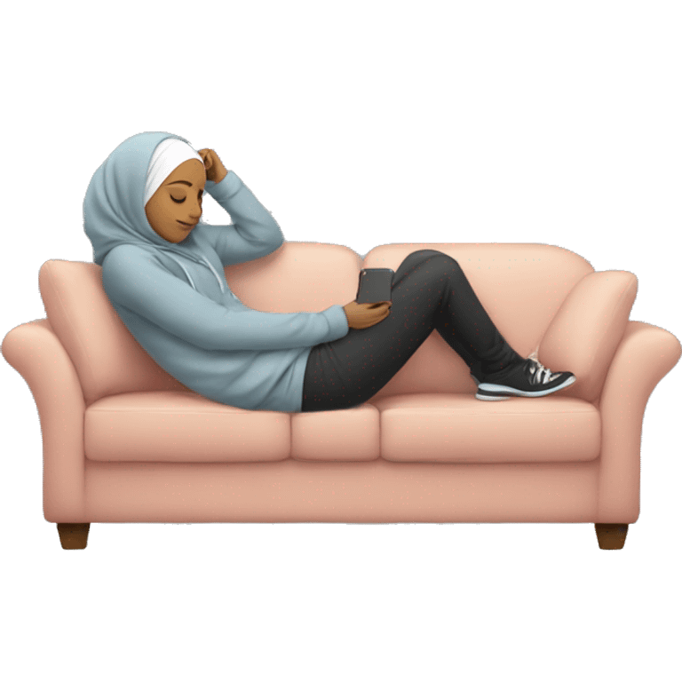 Hijabi-wearing-hoodie-sleeping-on-couch-with-phone emoji