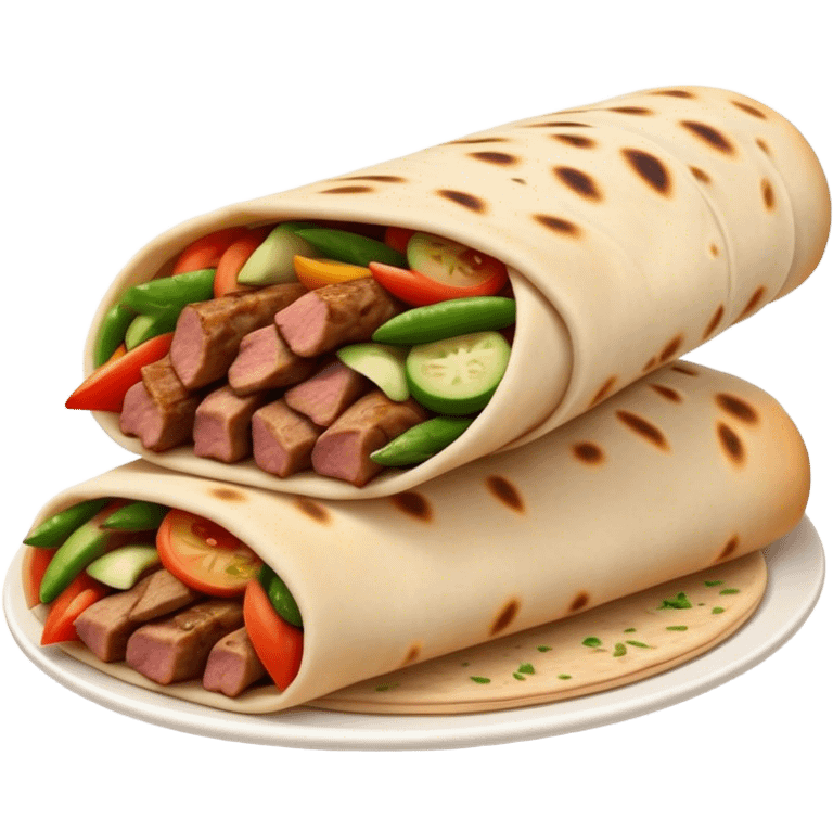 Cinematic Realistic Shawarma Dish Emoji, showcasing spiced, succulent meat wrapped in flatbread with fresh vegetables rendered with lifelike detail and dynamic, appetizing lighting. emoji