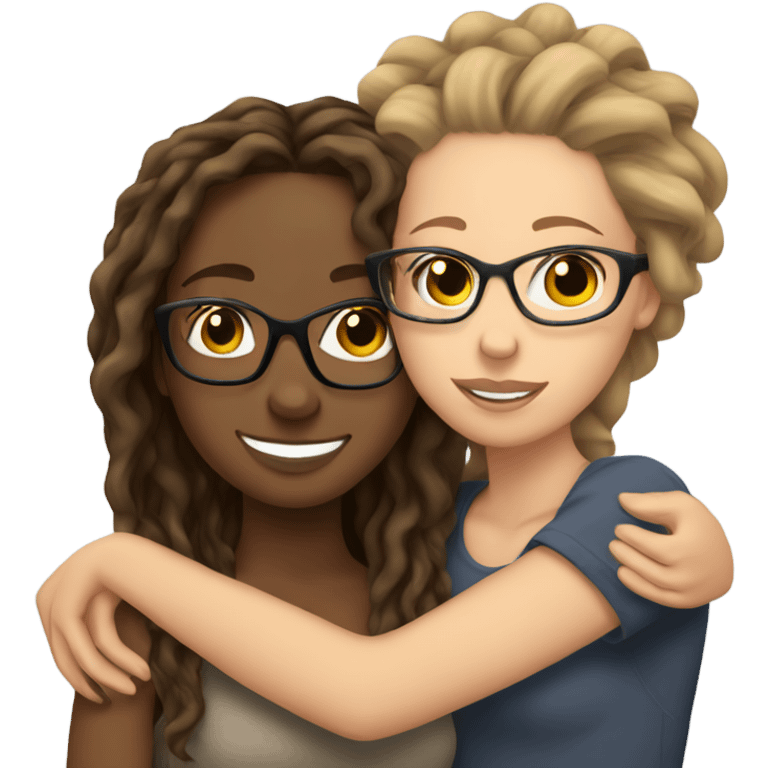 Tan girl with glasses and locs hugging a white girl with brown wavy hair emoji